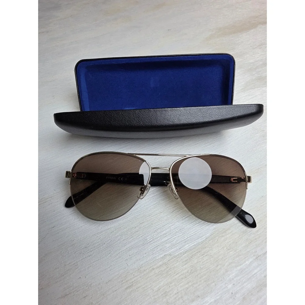 Fossil FOS 3062/S Gold Black Aviator Sunglasses Brown Gradient Lens Classic Y2K